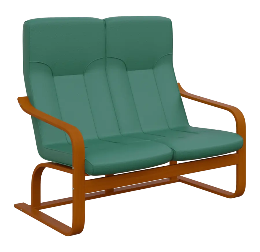 BO - 2 dvojkřeslo, dřevěná kostra, moření třešeň, koženka OTO T 4, tyrkysová